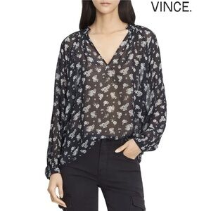 Vince Calico Floral 100% Silk Blouse Black White Top Size XS